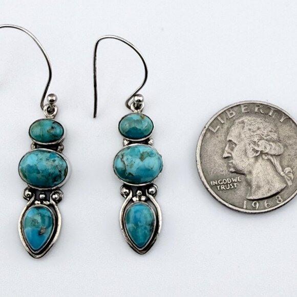 Vintage Sterling Silver Turquoise Dangle Earrings – Modernist 3-Stone Design - Picture 4 of 11